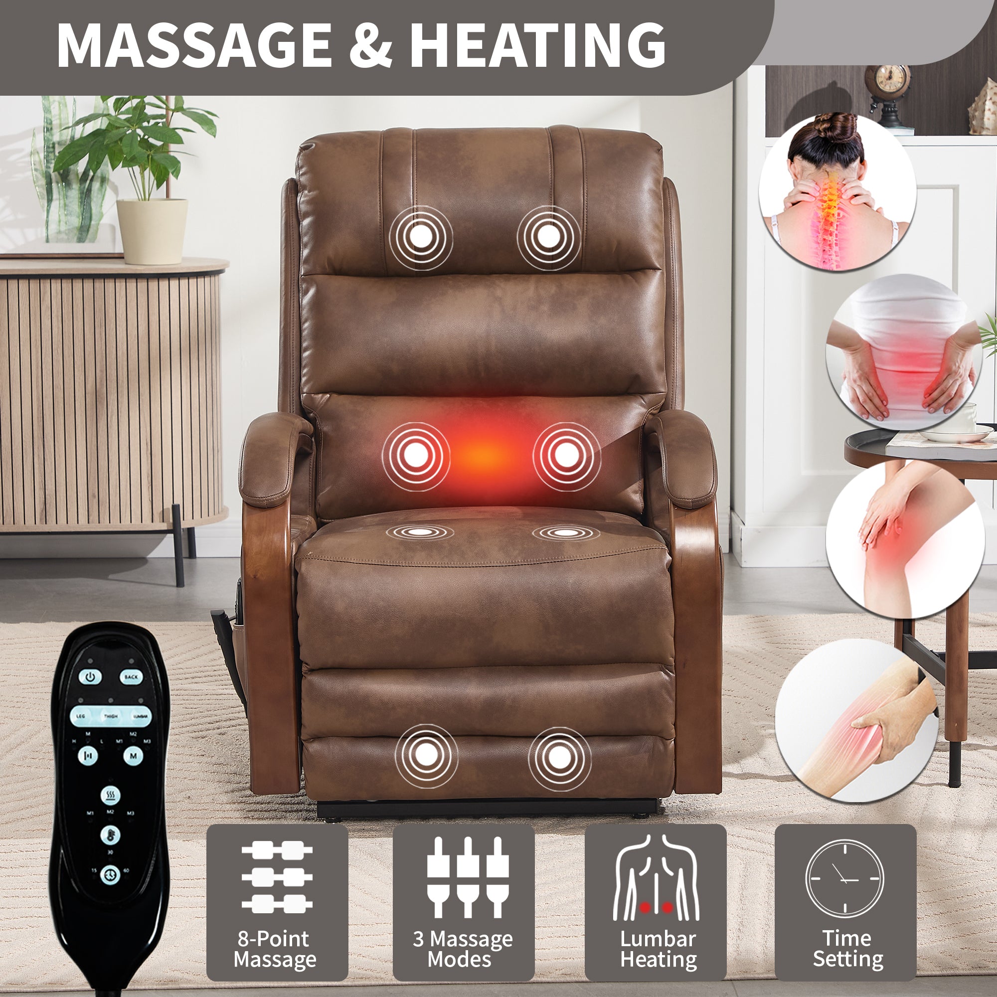 Power Brown Leatheraire Lift Recliner Chair Dual Motor Infinite Position Up to 350 LBS with Solid Wood Armrests, Heat Massage and Heavy Duty Motion Mechanism - Grand Goldman Shop