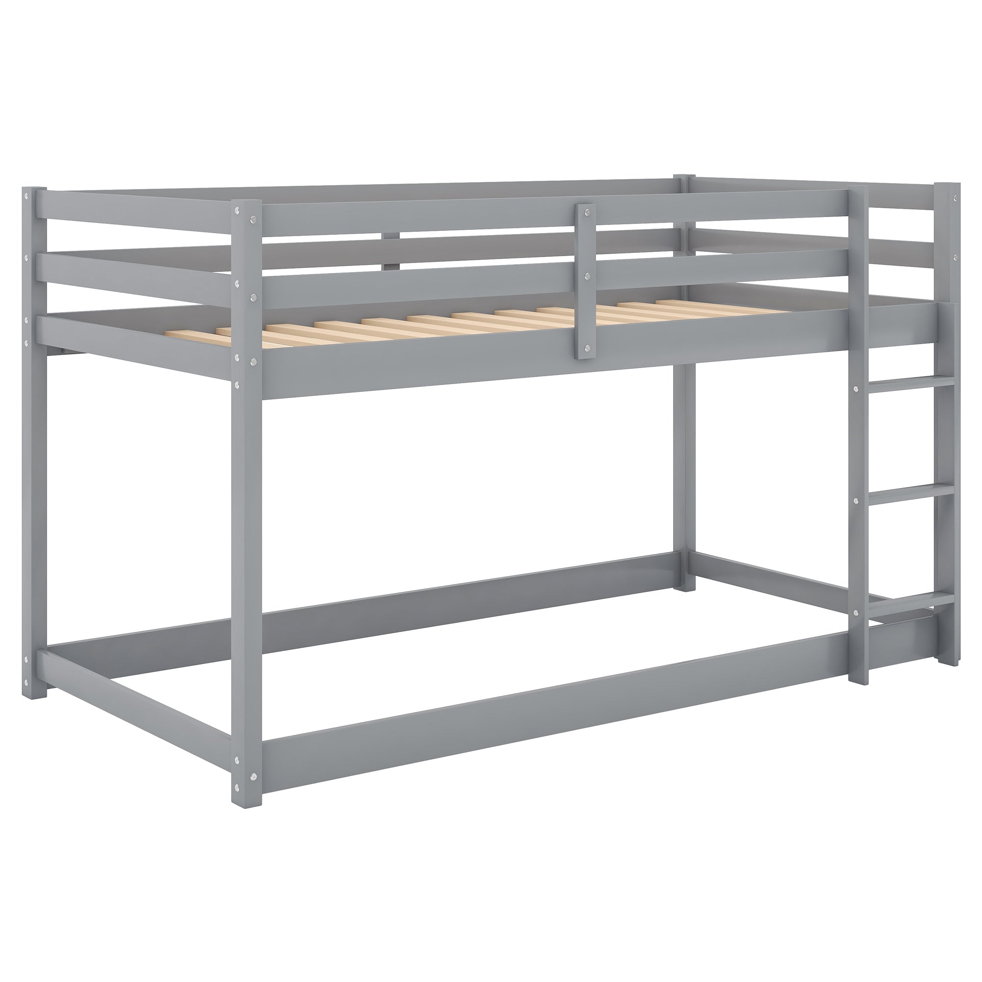 Gray Twin Over Twin Floor Bunk Bed with Ladder, Solid Pine Wood, 79.1''L x 42''W x 46.5''H - Grand Goldman Shop