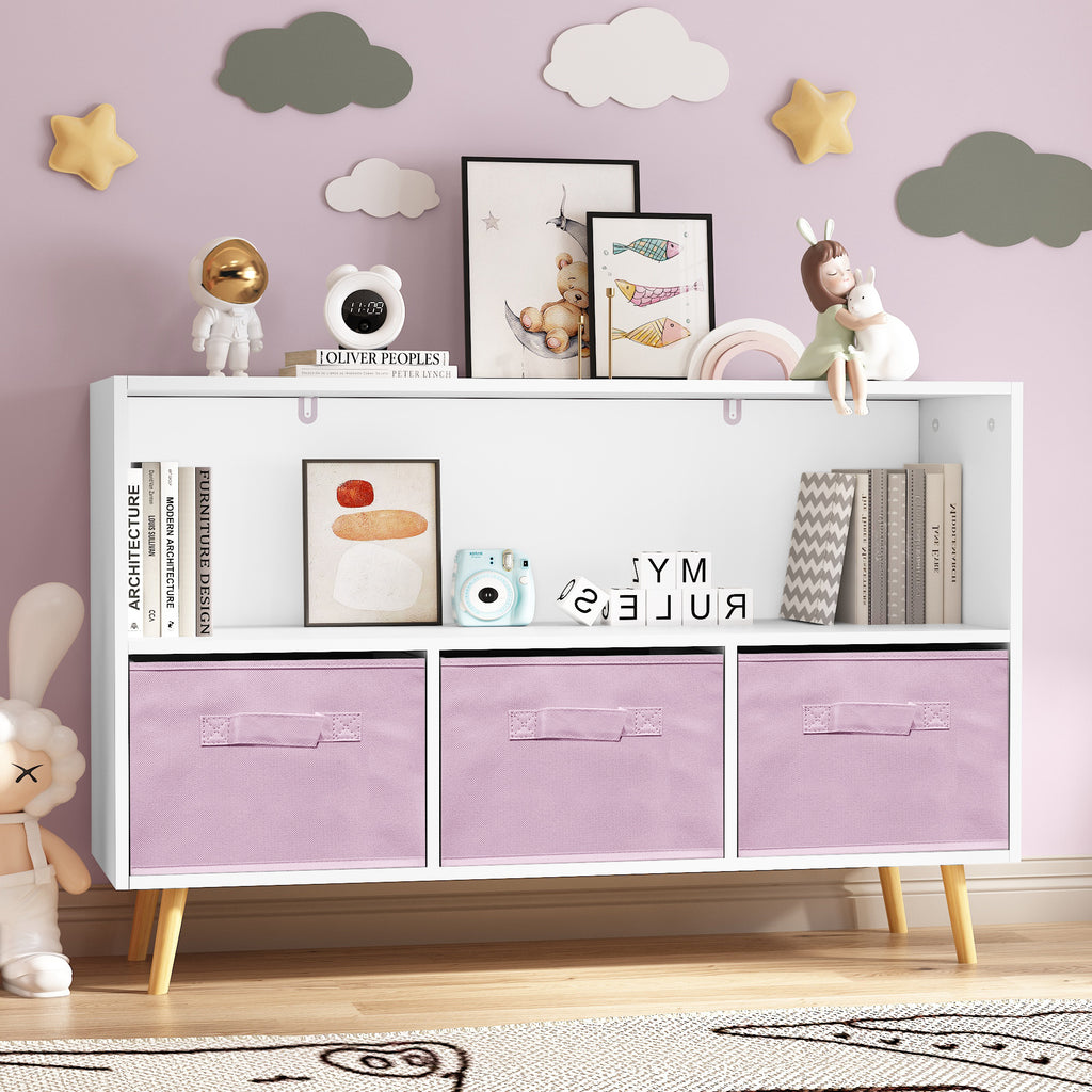 Modern Kids Bookcase with Collapsible Fabric Drawers, Children's Book Display & Toy Storage, White/Pink MDF & Pine Legs | Pre