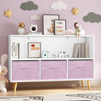 Modern Kids Bookcase with Collapsible Fabric Drawers, Children's Book Display & Toy Storage, White/Pink MDF & Pine Legs | Pre