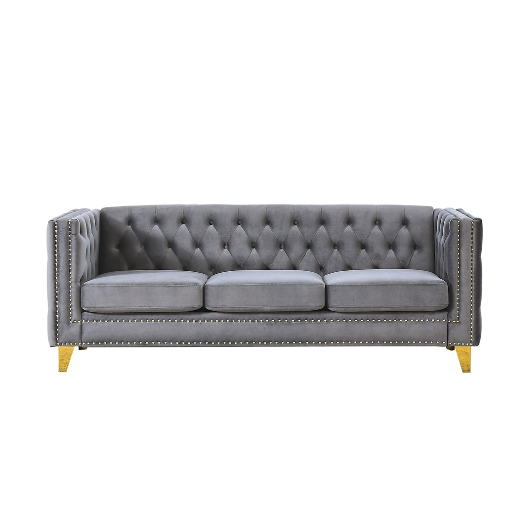 Modern Velvet Sofa with Button Tufting and Metal Legs, Grey Upholstered Couch for Living Room or Bedroom, 3-Seater, Solid Wood Frame, Soft Cotton-Filled Cushions - Grand Goldman Shop