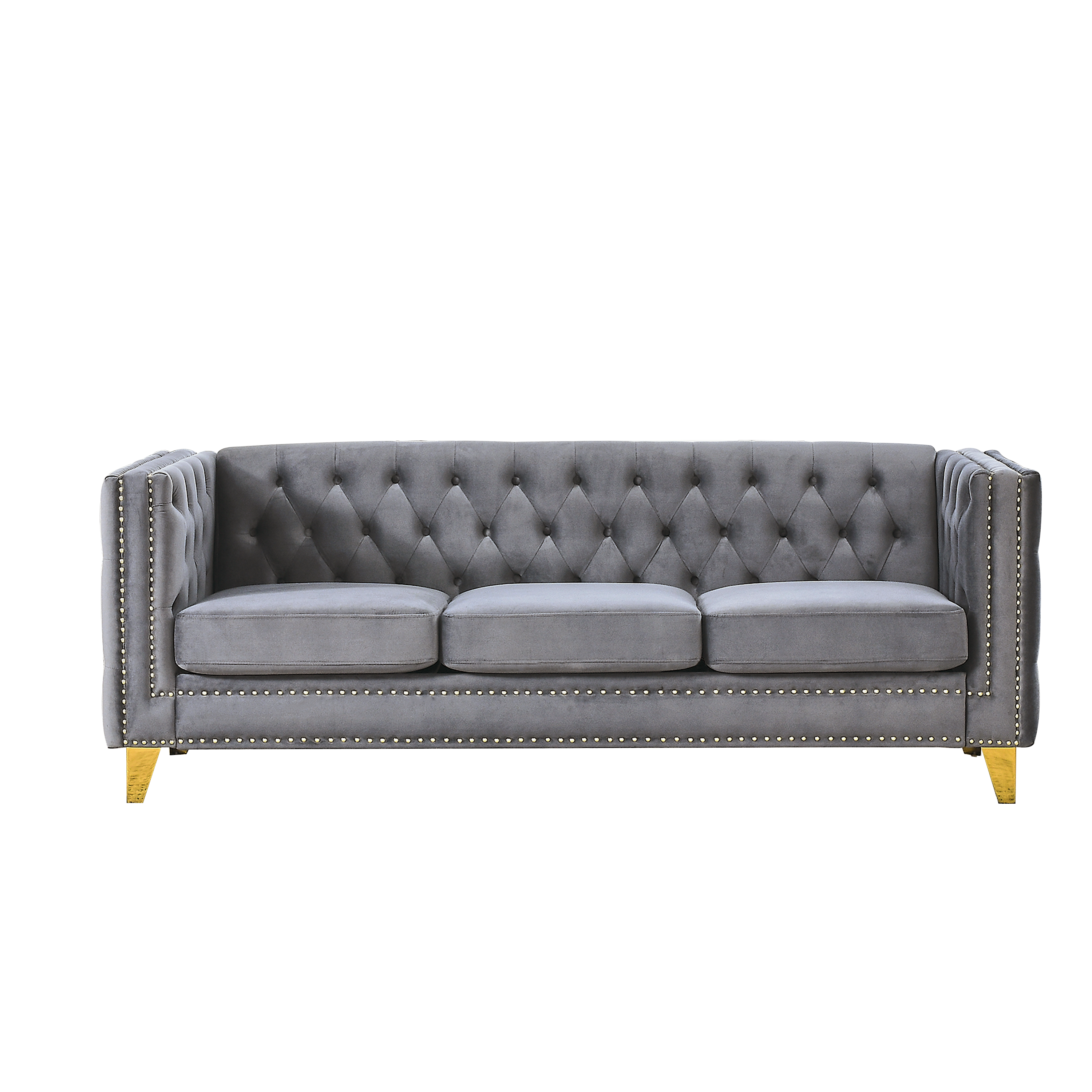 Modern Velvet Sofa with Button Tufting and Metal Legs, Grey Upholstered Couch for Living Room or Bedroom, 3-Seater, Solid Wood Frame, Soft Cotton-Filled Cushions - Grand Goldman Shop