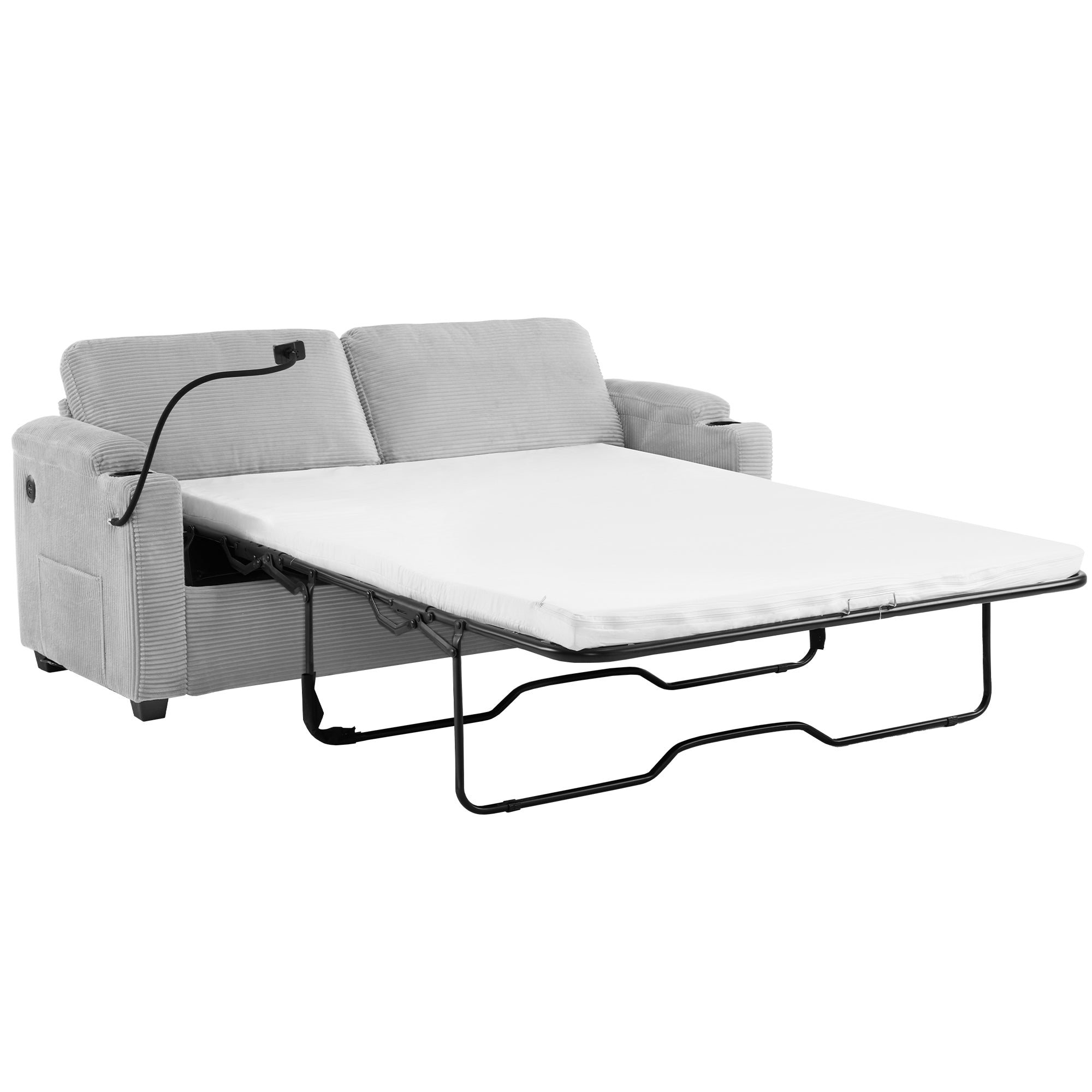 Corduroy Sleeper Sofa Loveseat with Full Size Mattress, USB Ports, Cup Holders, Side Pockets, and Phone Holder, Grey - Grand Goldman Shop