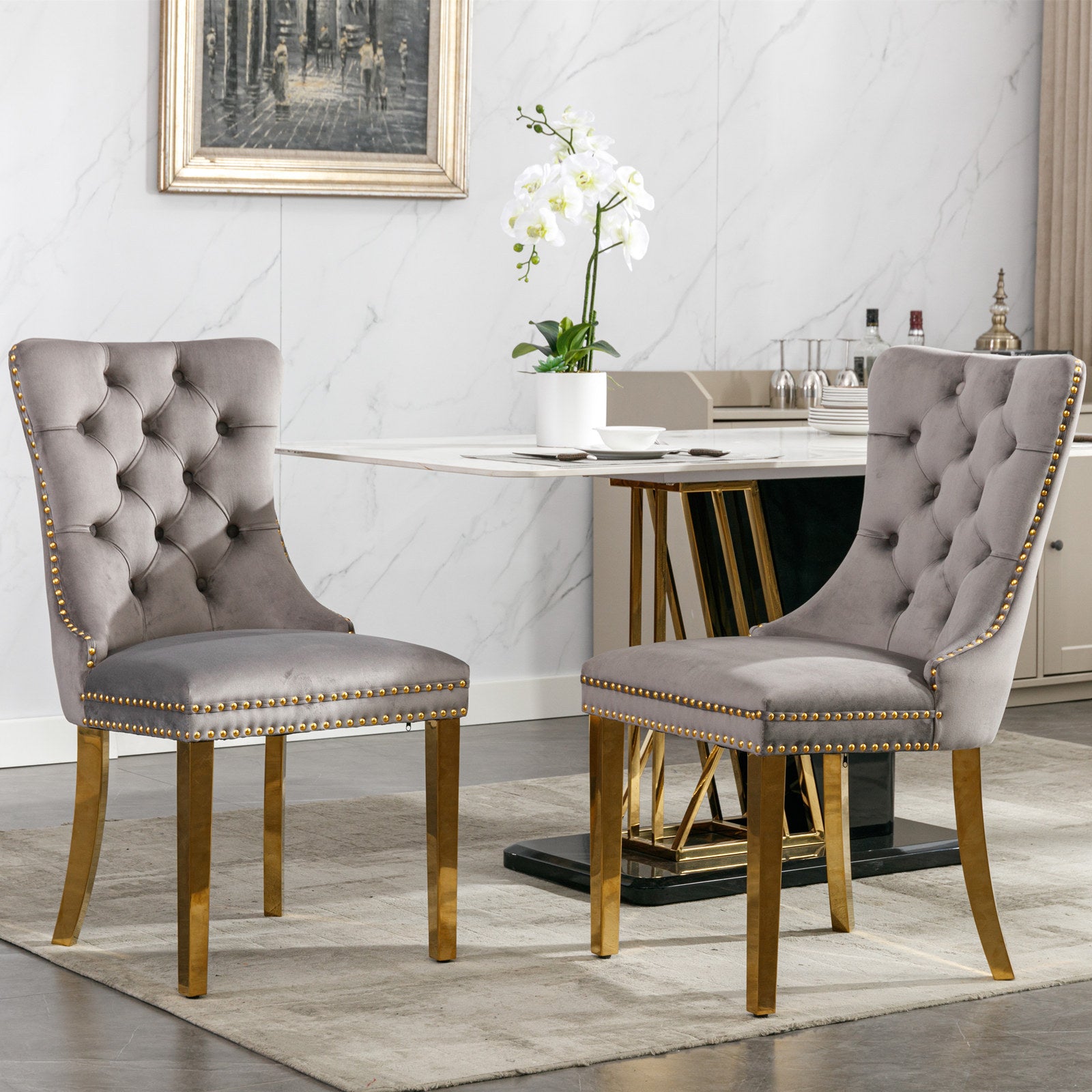 Nikki Collection Modern, High-end Tufted Solid Wood Contemporary Velvet Upholstered Dining Chair with Golden Stainless Steel Plating Legs,Nailhead Trim,Set of 2,Gray and Gold, SW1601GY - Grand Goldman Shop