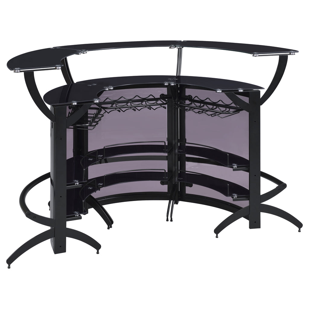 Elaina Black 3-Piece Curved Freestanding Home Bar with Smoked Acrylic Panels and Silver Metal Frame, Black Finish, Glass and Metal Construction - Grand Goldman Shop