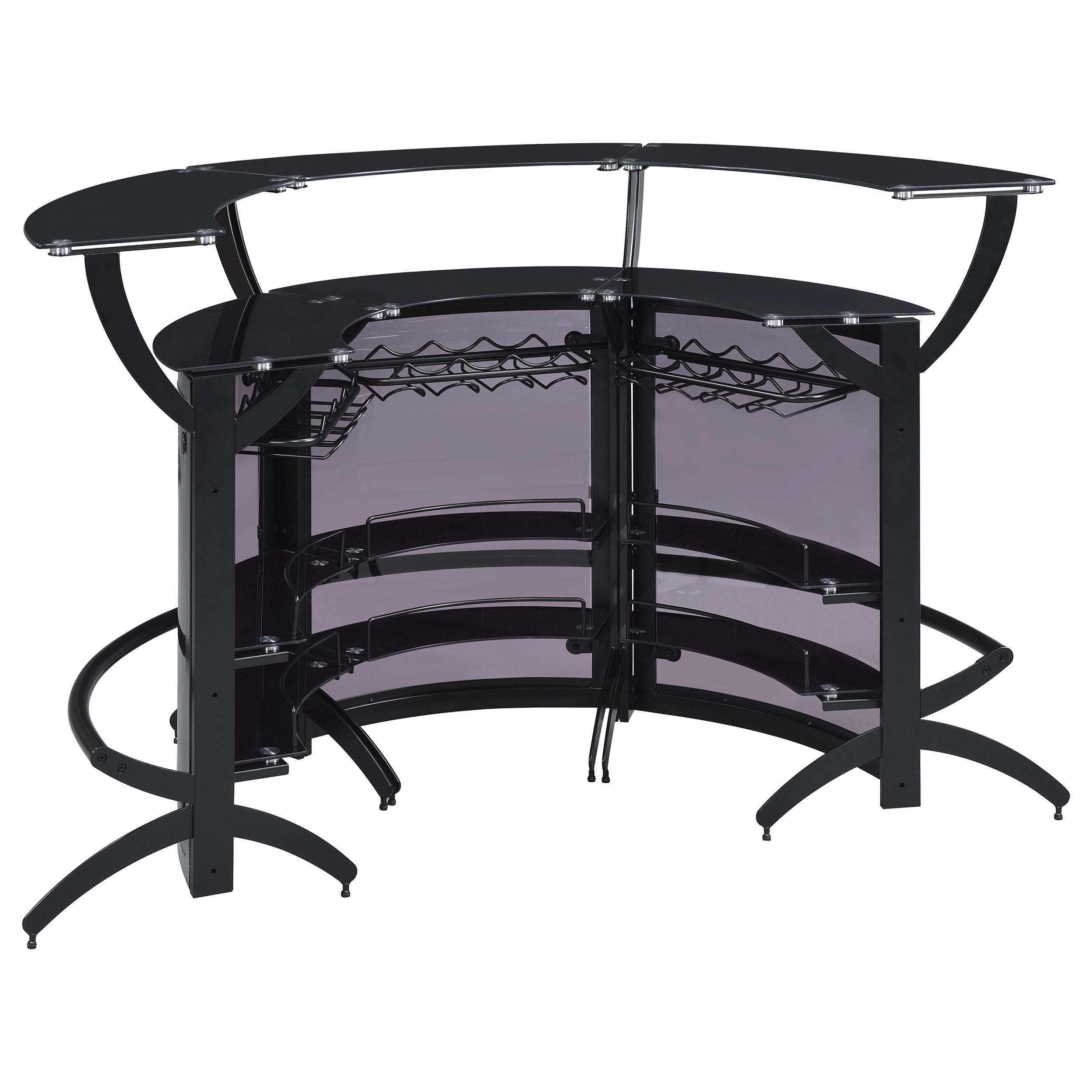 Elaina Black 3-Piece Curved Freestanding Home Bar with Smoked Acrylic Panels and Silver Metal Frame, Black Finish, Glass and Metal Construction - Grand Goldman Shop