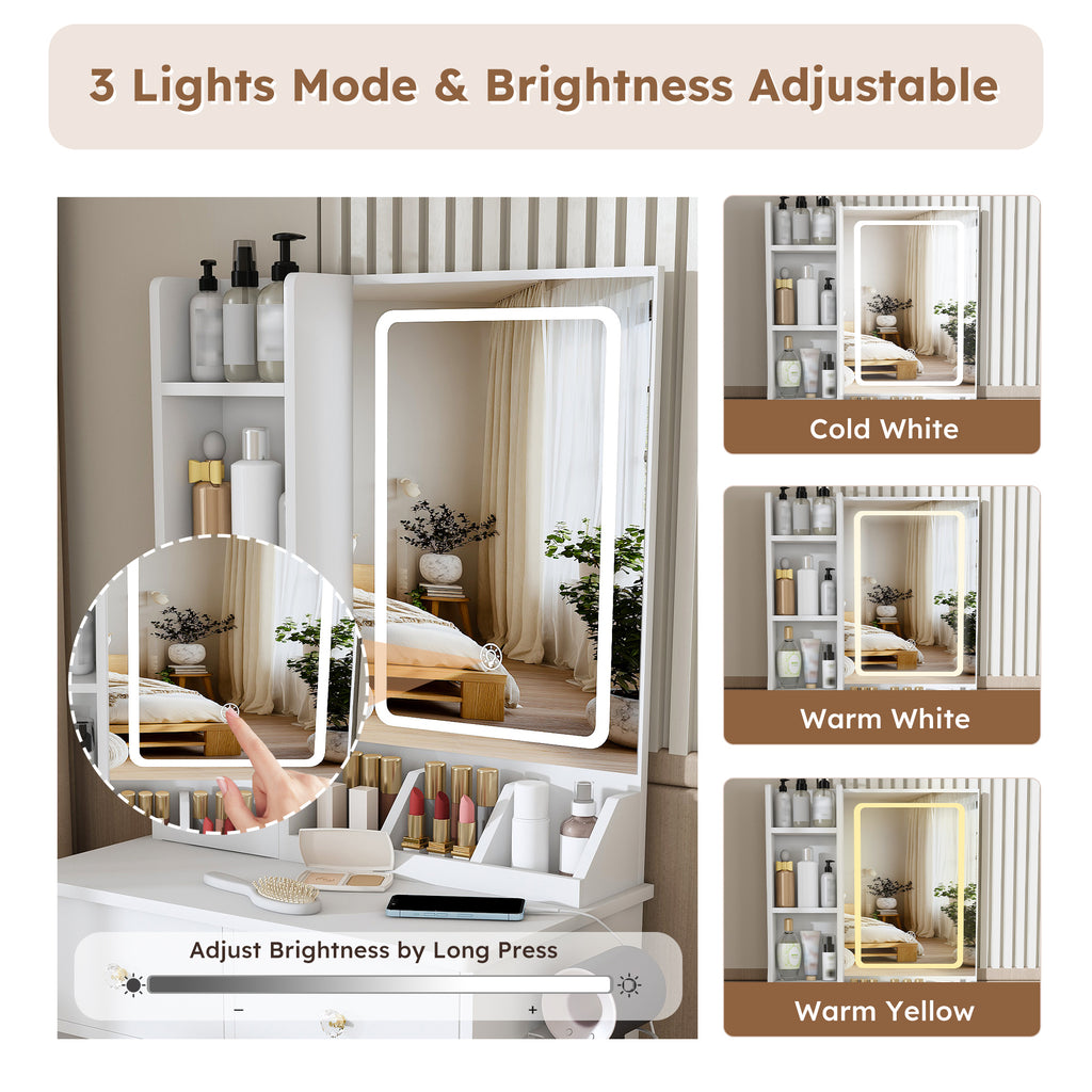 Modern White Vanity Desk with 3 LED Lighting Modes, 3 Drawers, Open Shelves, Hair Dryer Holder, and Dressing Chair - MDF Construction - Grand Goldman Shop