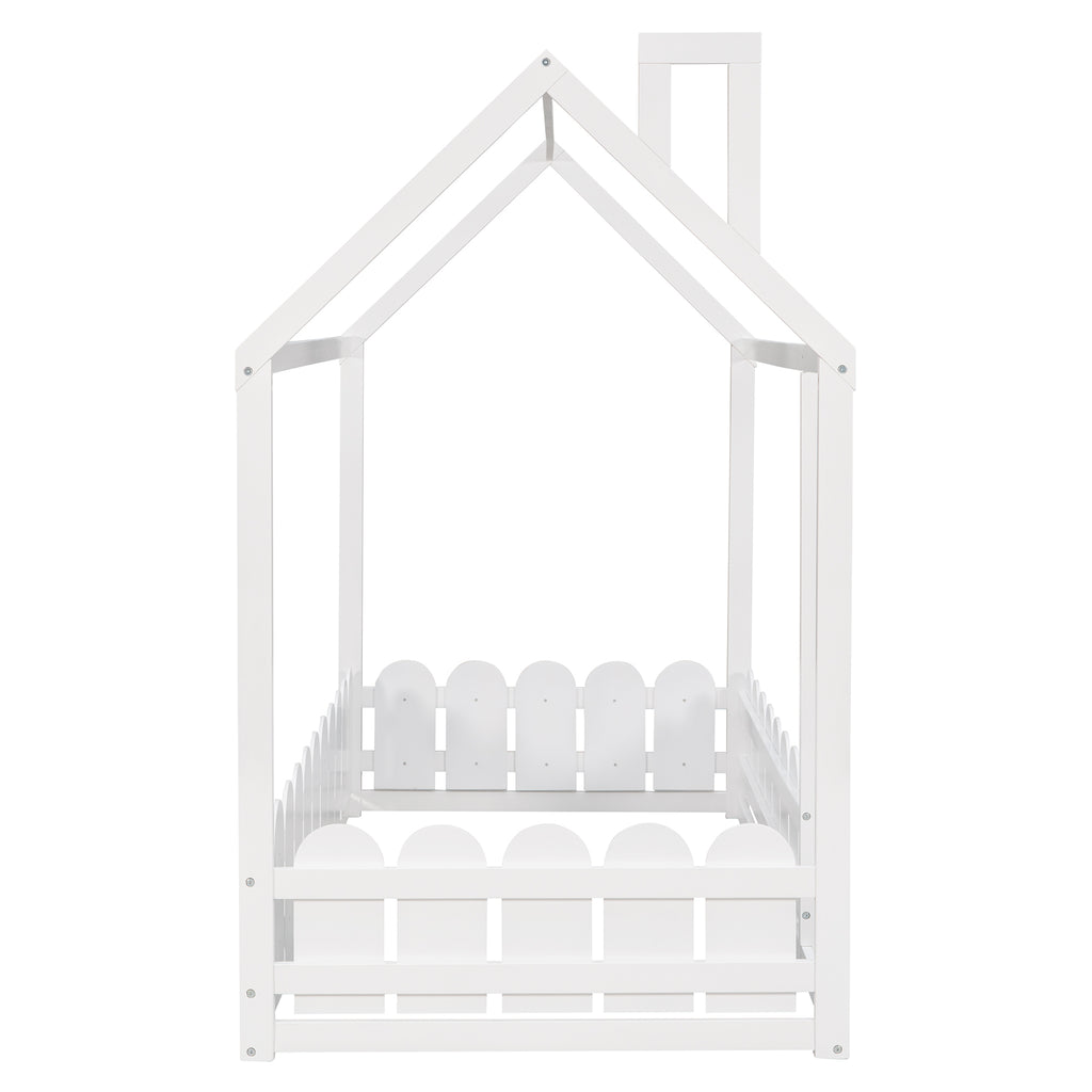 {Slats are not included}Twin Size Wood Bed House Bed Frame with Fence,for Kids,Teens, Girls,Boys {White}{OLD SKU:WF194274AAK} - Grand Goldman Shop