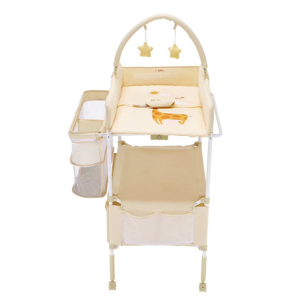 Baby Changing Table, Foldable Diaper Change Station with 2 Fabric Drawers, Side Basket & Hanging Rod, Adjustable Height Porta
