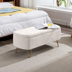 Ivory White Storage Ottoman Bench for End of Bed Gold Legs, Modern Ivory White Faux Fur Entryway Bench Upholstered Padded with Storage for Living Room Bedroom - Grand Goldman Shop