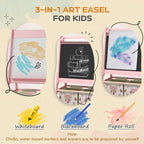 Qaba Art Easel for Kids with Paper Roll, 3 in 1 Toddler Painting Easel with Blackboard, Whiteboard, Storage Baskets, Pink - G
