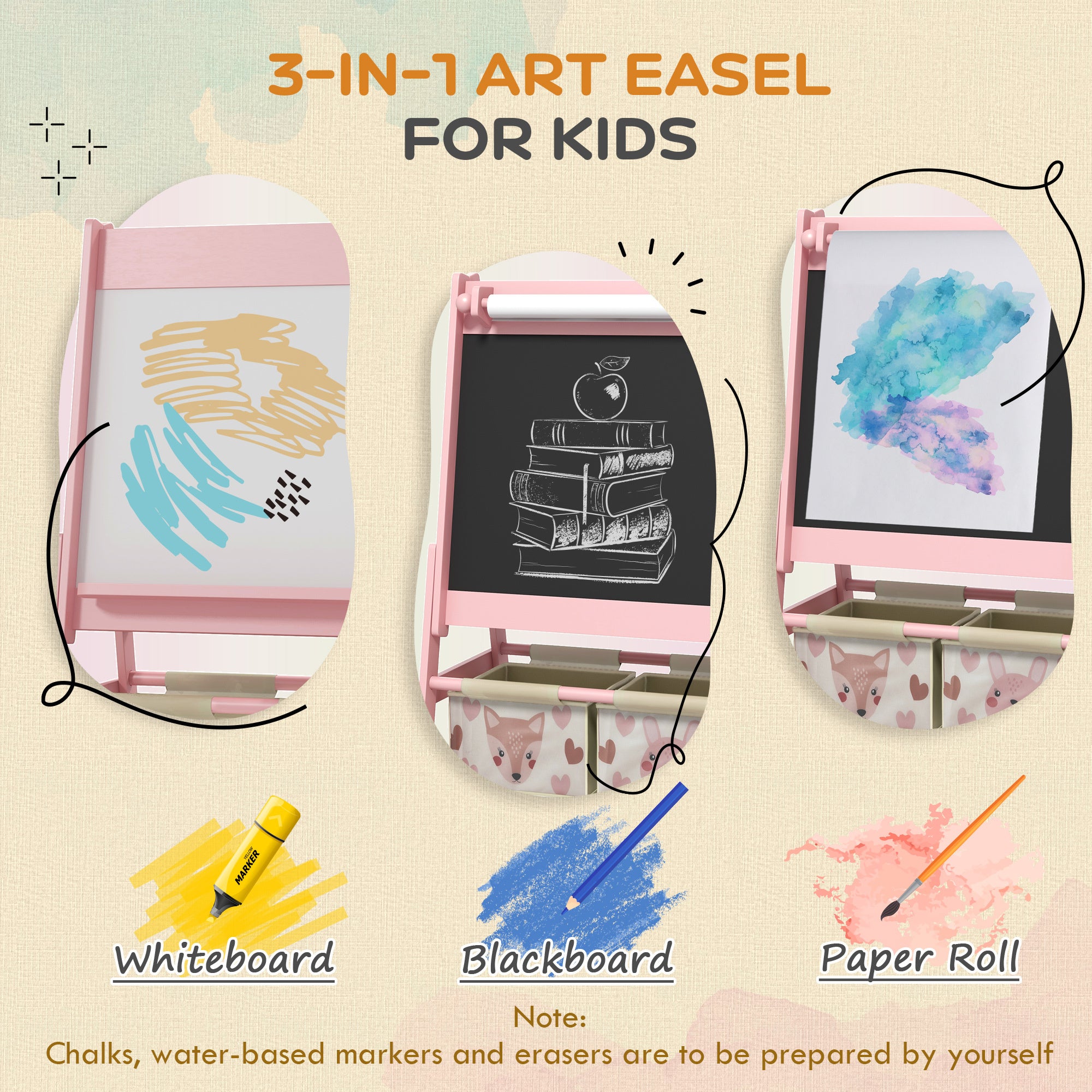 Qaba Art Easel for Kids with Paper Roll, 3 in 1 Toddler Painting Easel with Blackboard, Whiteboard, Storage Baskets, Pink - G