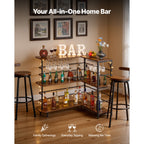 Home Bar Unit, L-Shaped Wine Bar Cabinet Table 3-Tier with Storage Shelves, Adjustable Foot Pads, LED Light, Walnut Finish & Metal Frame Liquor Cabinet for Home, Kitchen,Living Room,Pub,Basement - Grand Goldman Shop