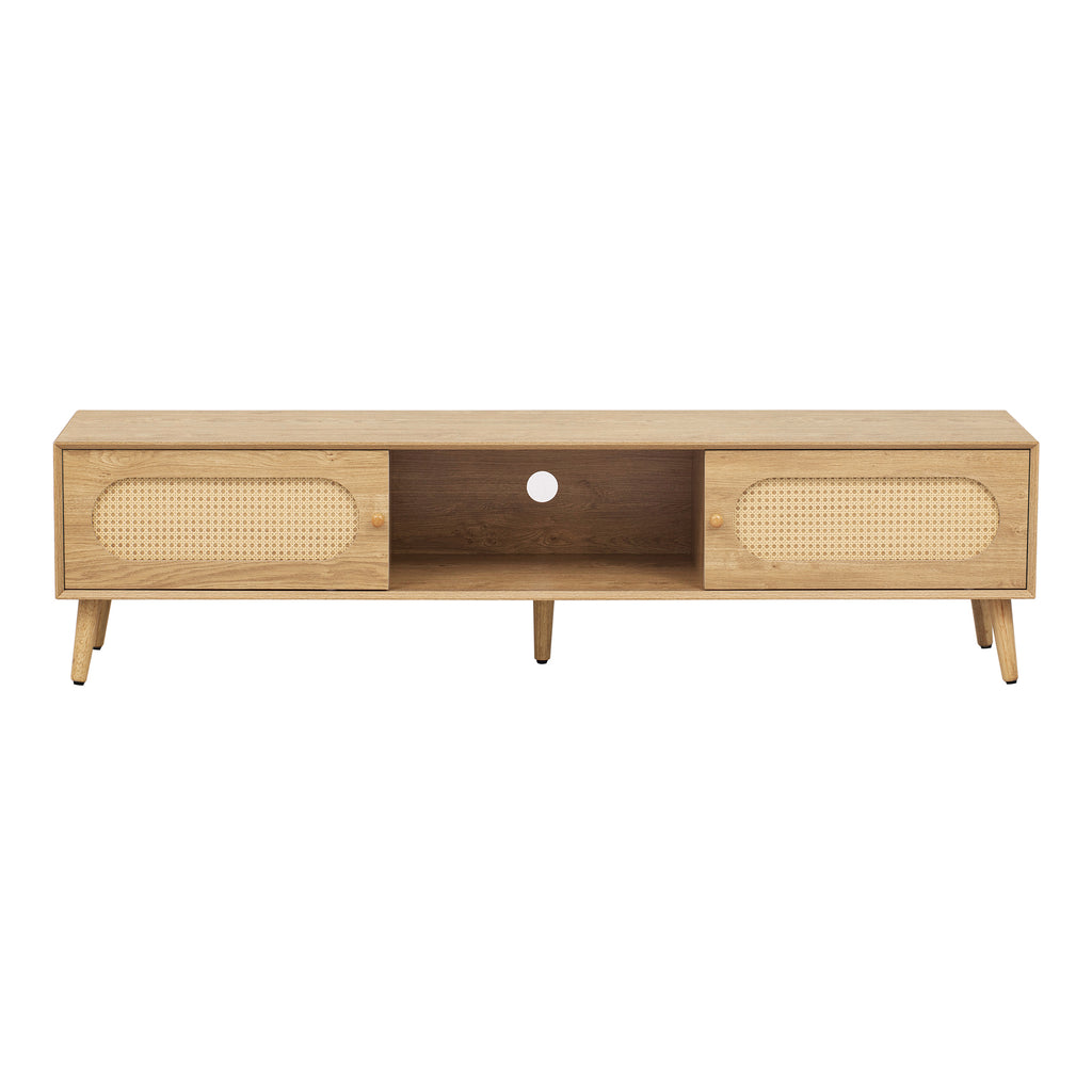 Boho TV Stand for TVs up to 80'', Modern Farmhouse Media Console with Solid Wood Legs, Natural Wood Finish, MDF Cabinet, 70.8''L x 15.7''W x 17.7''H - Grand Goldman Shop