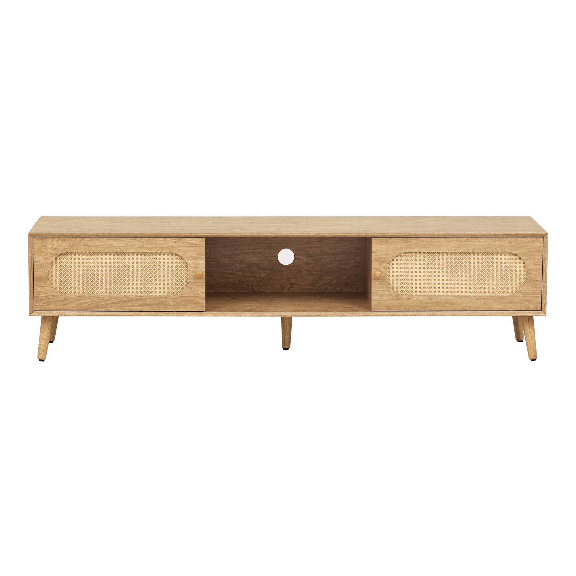 Boho TV Stand for TVs up to 80'', Modern Farmhouse Media Console with Solid Wood Legs, Natural Wood Finish, MDF Cabinet, 70.8''L x 15.7''W x 17.7''H - Grand Goldman Shop