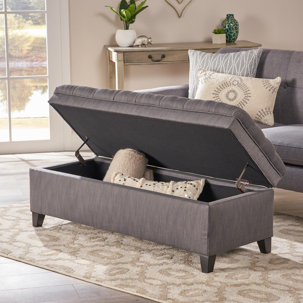JULIANA Stylish Storage Ottoman with Extra Seating in Gray Fabric, 50x20.5x18.3 inches - Grand Goldman Shop