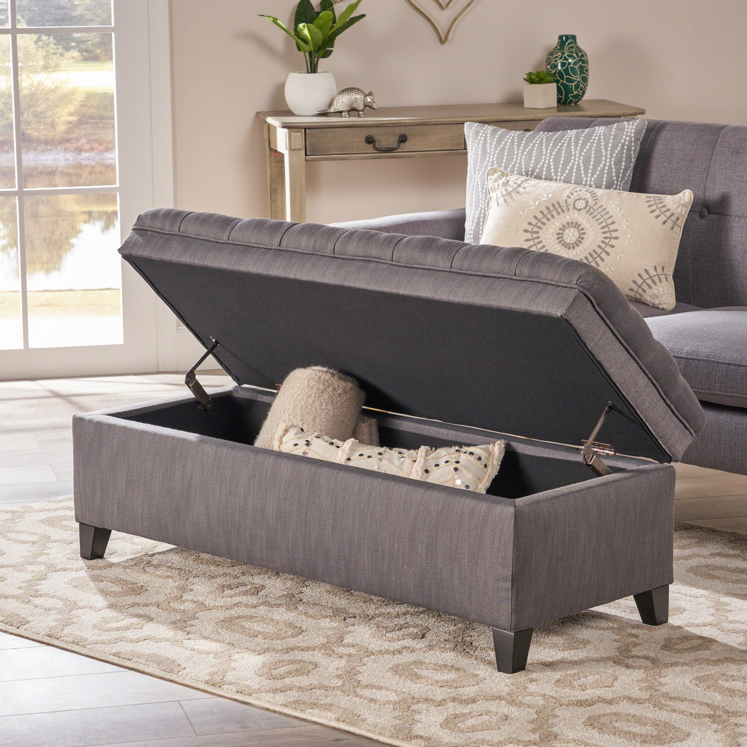JULIANA Stylish Storage Ottoman with Extra Seating in Gray Fabric, 50x20.5x18.3 inches - Grand Goldman Shop
