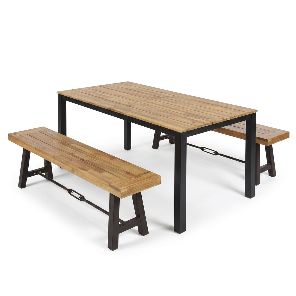 3-teiliges Outdoor-Essgruppe aus Akazienholz, 71" rechteckiger Terrassentisch und 2 Bänke in Teak und Mattschwarz