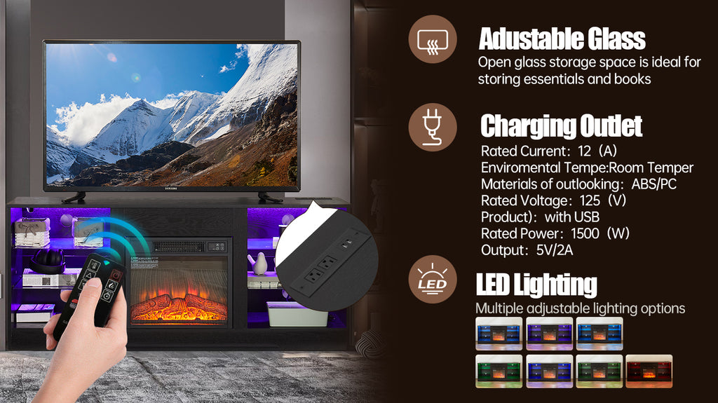 TV Stand Electric Fireplace TV Stand with Glass Shelves, 3D Fireplace TV Stand with LED Lights Wood with USB Charging Outlet Modern Television Table Center for TV up to 32-62' Black 58''W*15.4''D*24.6 - Grand Goldman Shop