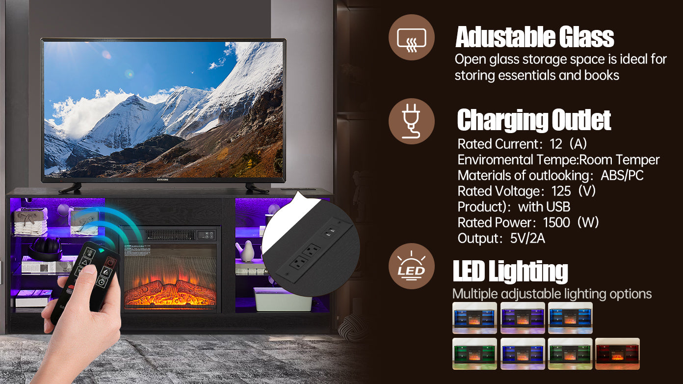 TV Stand Electric Fireplace TV Stand with Glass Shelves, 3D Fireplace TV Stand with LED Lights Wood with USB Charging Outlet Modern Television Table Center for TV up to 32-62' Black 58''W*15.4''D*24.6 - Grand Goldman Shop