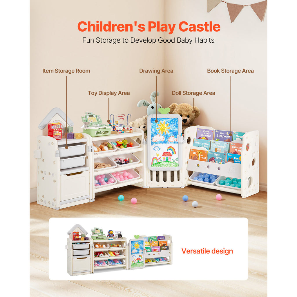 Kids Toy Storage with Bookshelf, 4-Tier Large Toy Storage Organizer with 10 Plastic Movable Bins, Kids Cubby Cabinet with Boo