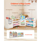 Kids Toy Storage with Bookshelf, 4-Tier Large Toy Storage Organizer with 10 Plastic Movable Bins, Kids Cubby Cabinet with Boo