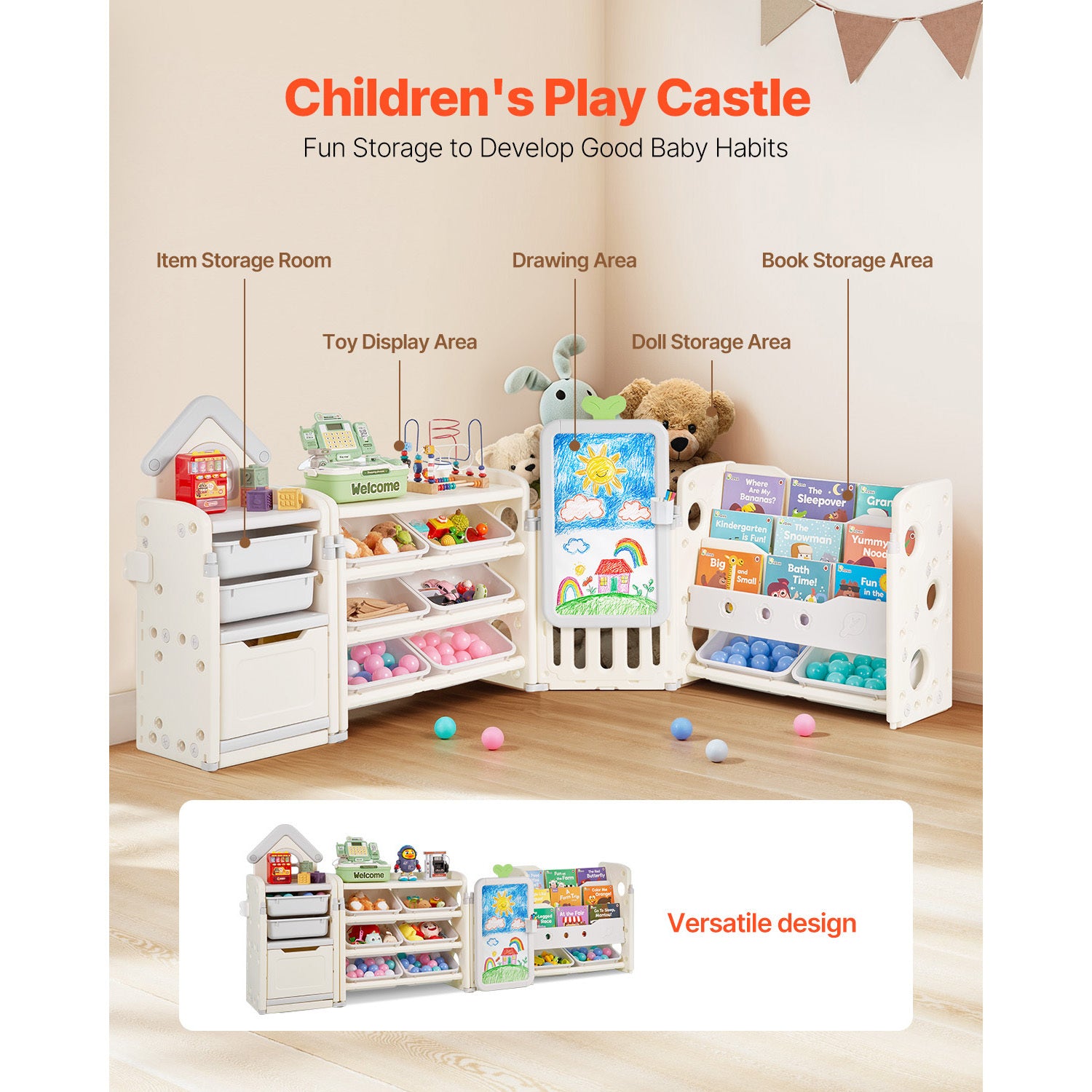 Kids Toy Storage with Bookshelf, 4-Tier Large Toy Storage Organizer with 10 Plastic Movable Bins, Kids Cubby Cabinet with Boo