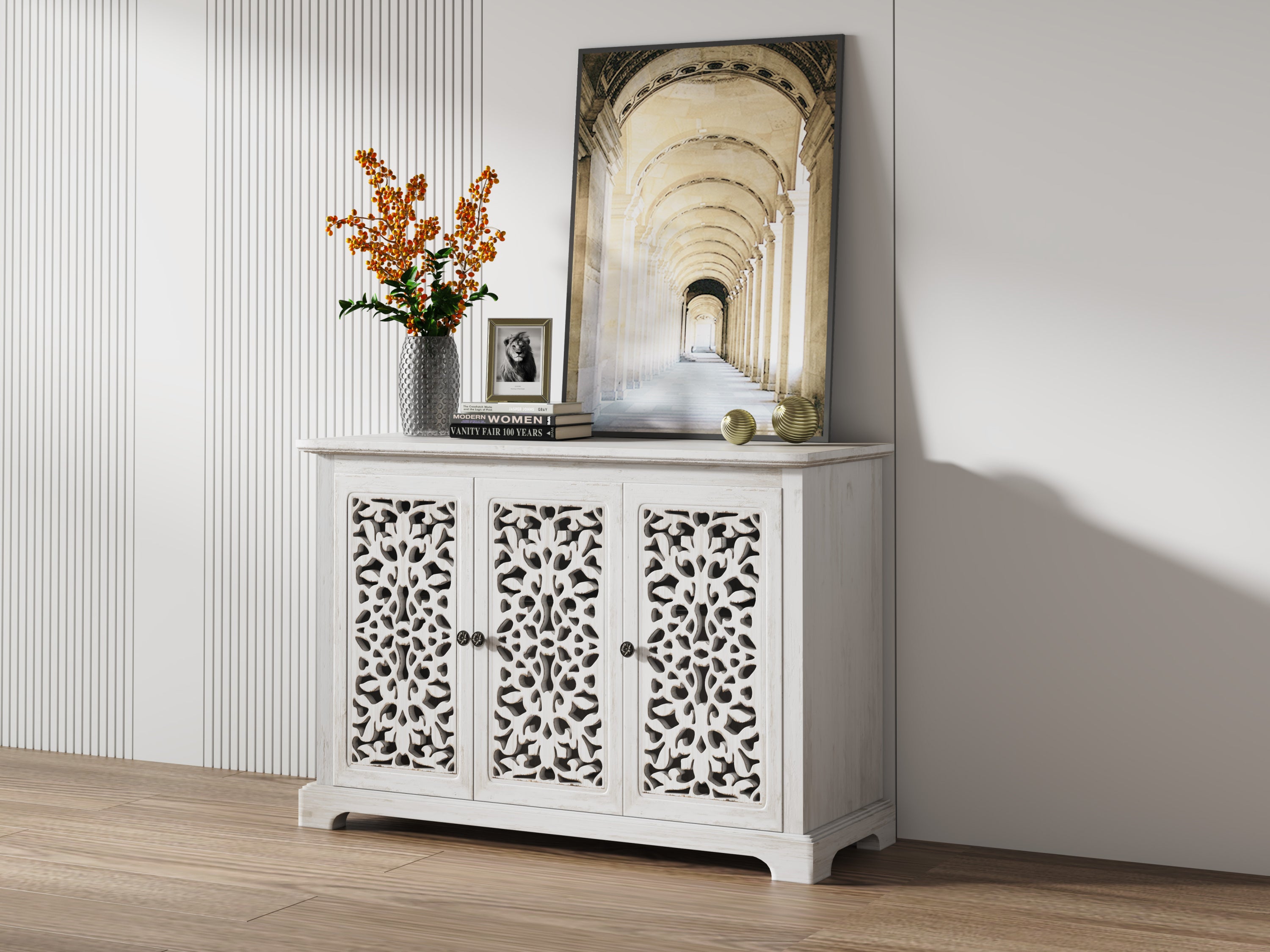 Antique Sideboard Storage Cabinet, Vintage Accent Cabinet, 3 carving Doors Buffet Server Console Cabinet for Kitchen Dining Room Living Room Hallway - Grand Goldman Shop
