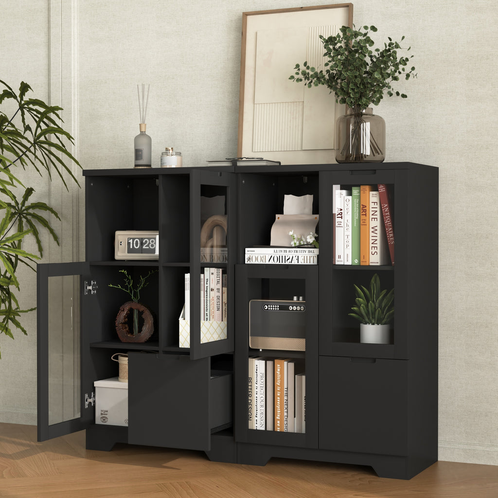 Modern MDF Painted Cabinet with Glass Doors and Drawer, Black, Bedroom or Living Room Storage - Grand Goldman Shop