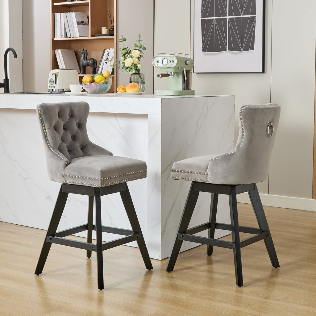 Swivel Velvet Barstools with Button Tufted Decoration and Wooden Legs, and Chrome Nailhead Trim, Leisure Style Bar Chairs,Bar stools, Set of 2 (Gray),SW1860GY - Grand Goldman Shop