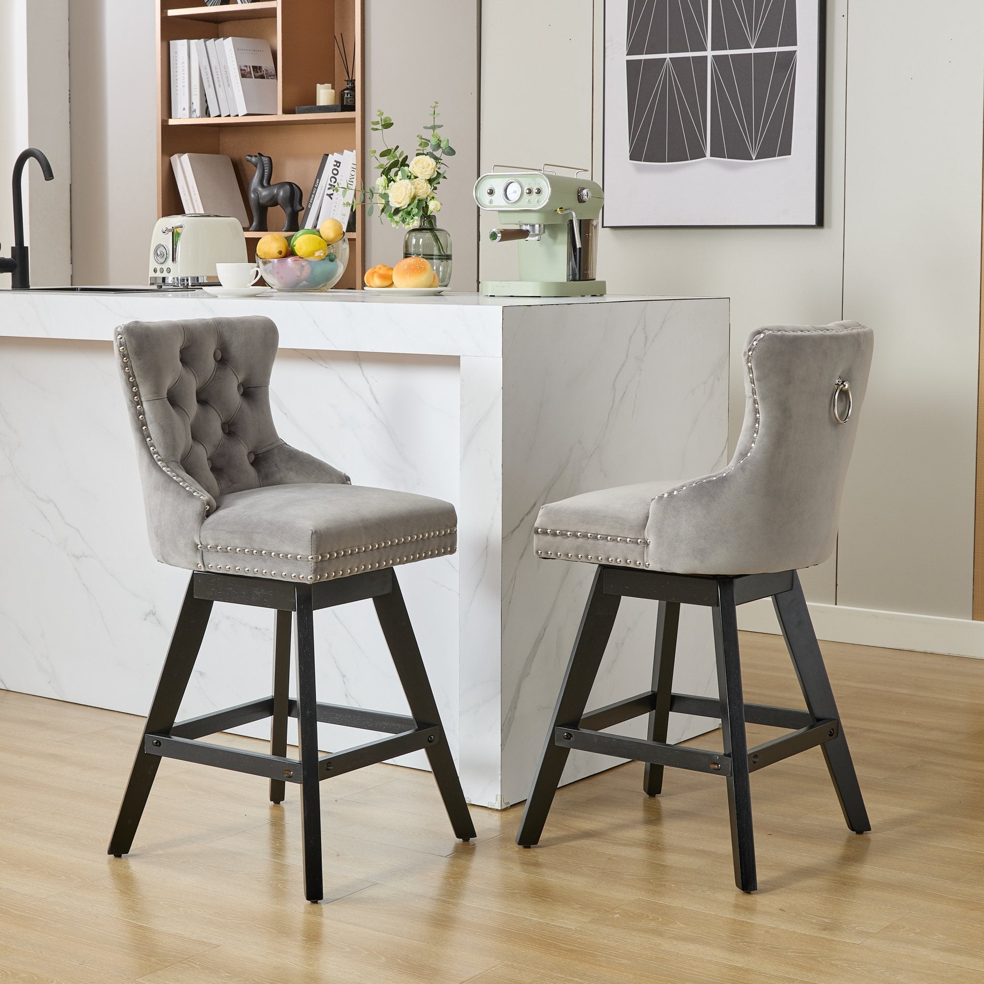 Swivel Velvet Barstools with Button Tufted Decoration and Wooden Legs, and Chrome Nailhead Trim, Leisure Style Bar Chairs,Bar stools, Set of 2 (Gray),SW1860GY - Grand Goldman Shop