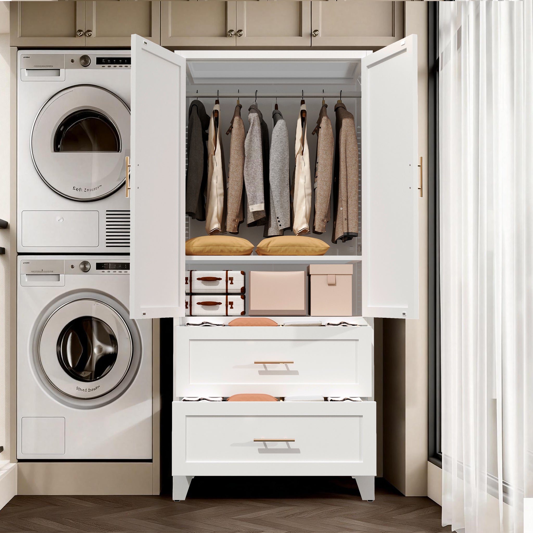 71' Tall Metal Wardrobe Cabinet with 2 Drawers and Hanging Rod, 2 Doors Wardrobe Closet with Shelf for Bedroom, Office, Laundry Room,Entryway ,Foyer,Guesthouse (White) - Grand Goldman Shop