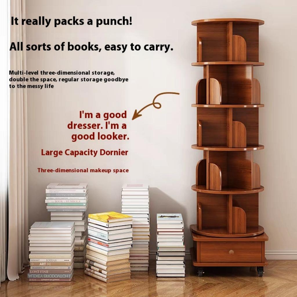 (UPGRADED) Rotating Bookshelf, 360 Display Corner Bookshelf for Small Space, 6 Tier Bookcase Storage Rack with Wheels, Wood Narrow Organizer for Bedroom, Living Room, Study Room, Walnut Brown - Grand Goldman Shop