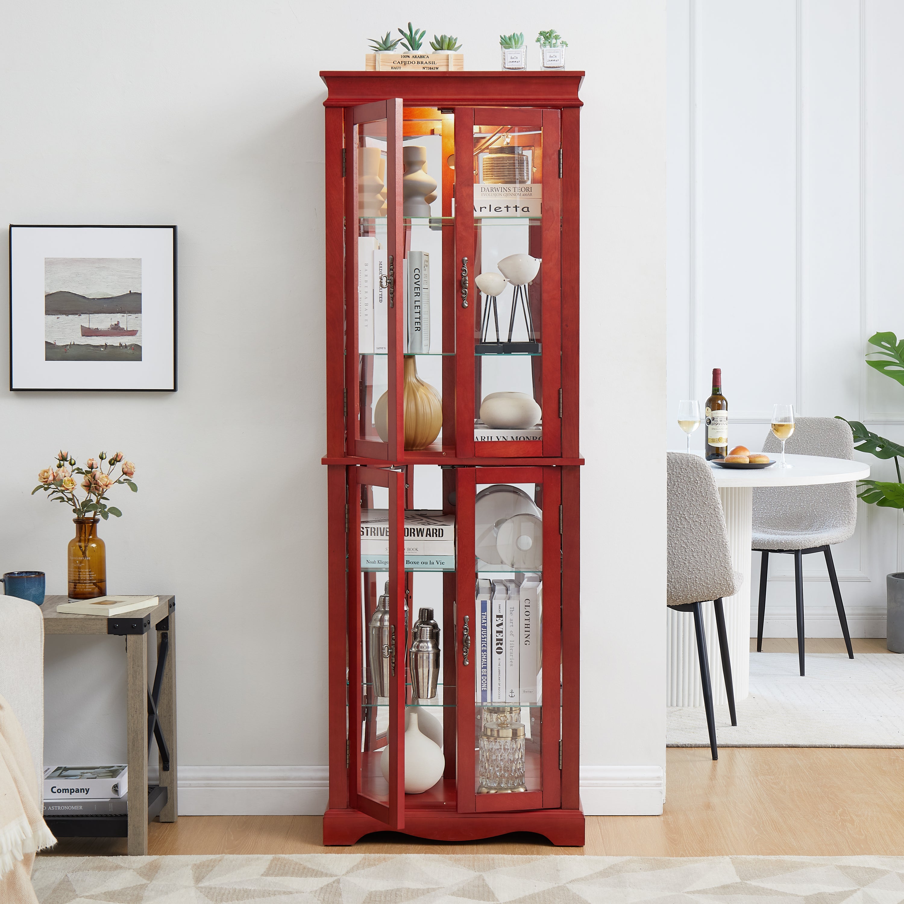 Lighted Glass Curio Display Cabinet,Display Cabinet,Glass Storage Cabinet Glass Wine cabinet Wood Frame Toy Display for Living Room, Kitchen, Pantry light bulb included Cherry - Grand Goldman Shop