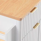 K&K Fluted Kitchen Island with Storage, 55.5' Kitchen Island with Drop Leaf, Power Outlet, 4 Doors and 3 Drawers, Rolling Island Table with Wood-grain Top, Curved Edge for Kitchen,Dining Room White - Grand Goldman Shop