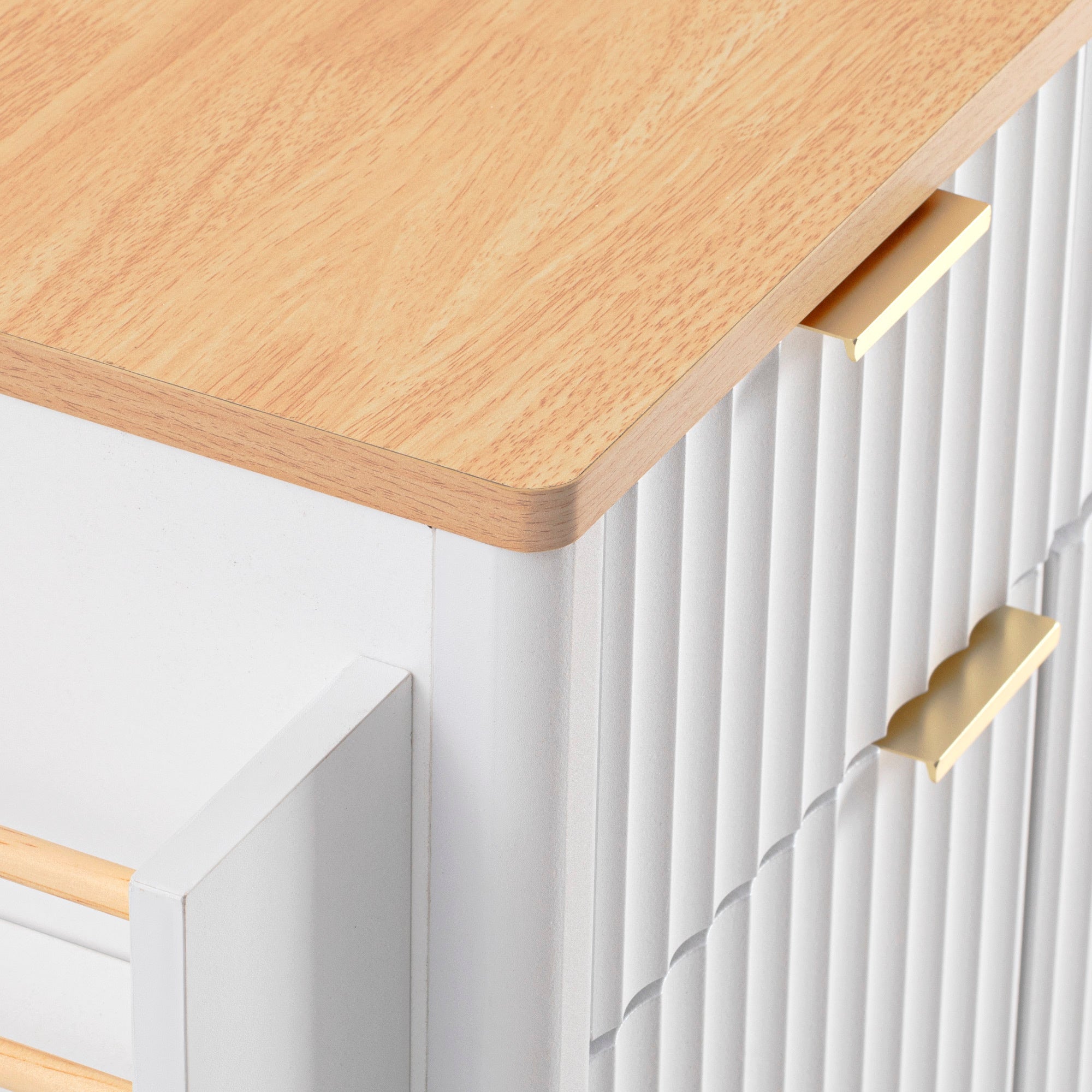 K&K Fluted Kitchen Island with Storage, 55.5' Kitchen Island with Drop Leaf, Power Outlet, 4 Doors and 3 Drawers, Rolling Island Table with Wood-grain Top, Curved Edge for Kitchen,Dining Room White - Grand Goldman Shop