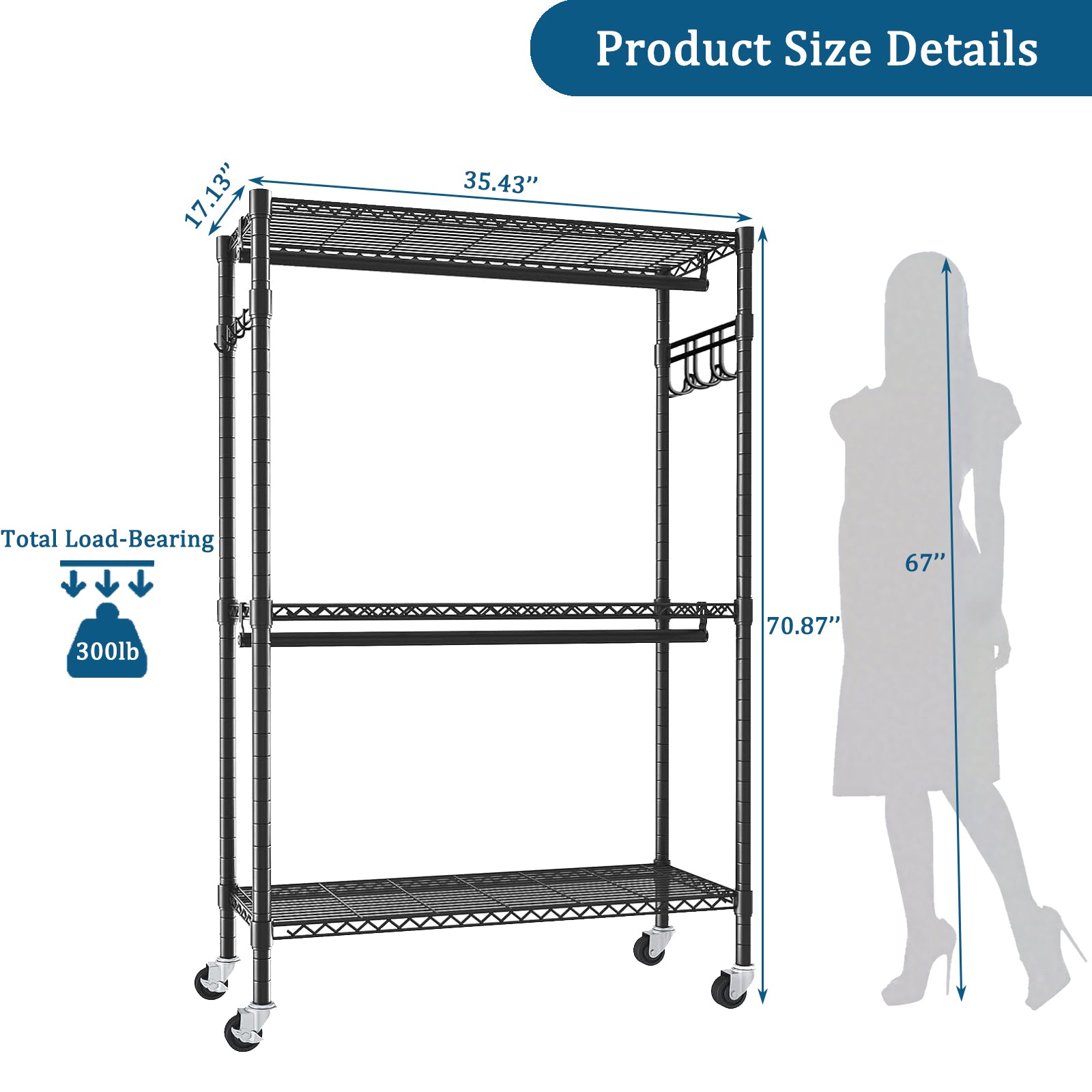 Heavy Duty Rolling Clothes Rack with 3 Tier Shelves, 2 Rails & Side Hooks, Adjustable Freestanding Organizer, Black Metal - Grand Goldman Shop