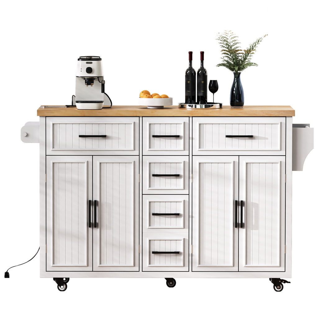 K&K 56.5'' Kitchen Island with Drop Leaf, Power Outlet, Embossed Vertical Stripe Rolling Kitchen Cart on Wheels with 4 Doors , 5 Deep Drawers and Adjustable Shelves, for Kitchen, Dining Room, White - Grand Goldman Shop