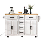 K&K 56.5'' Kitchen Island with Drop Leaf, Power Outlet, Embossed Vertical Stripe Rolling Kitchen Cart on Wheels with 4 Doors , 5 Deep Drawers and Adjustable Shelves, for Kitchen, Dining Room, White - Grand Goldman Shop