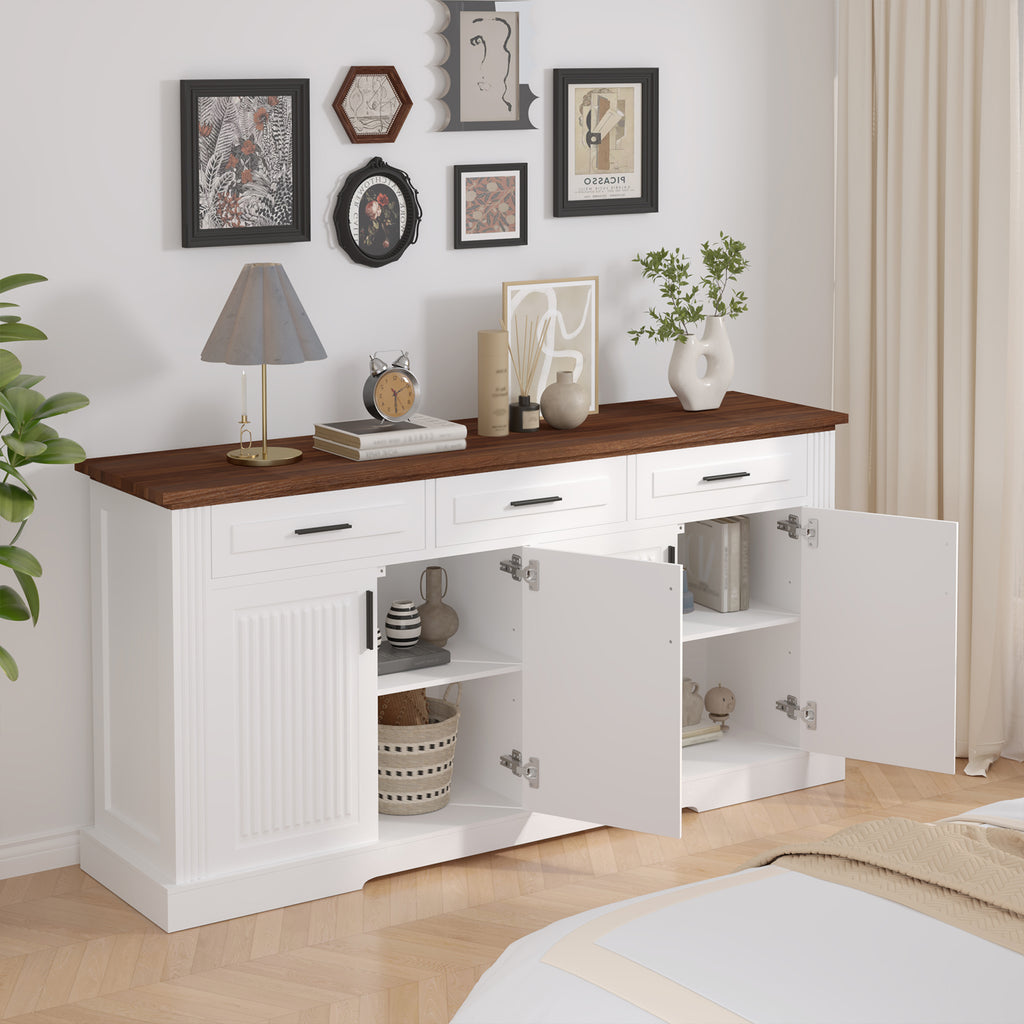 Modern Fluted Sideboard Buffet Cabinet with 4 Doors 3 Drawers, White MDF Storage Console Table for Living Room Dining Room Entryway, 63.11' L x 15.75' W x 32' H - Grand Goldman Shop