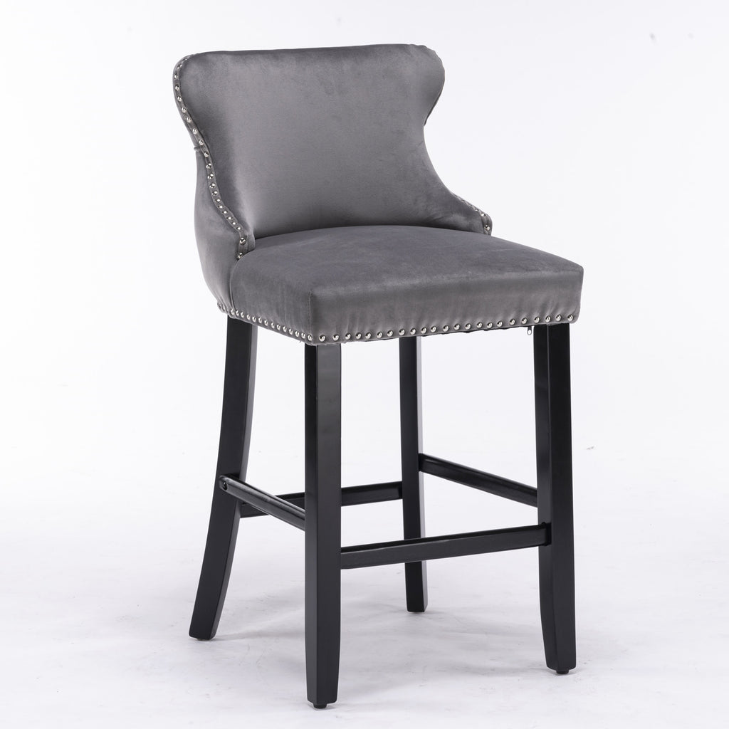 A&A Furniture,Contemporary Velvet Upholstered Wing-Back Barstools with Button Tufted Decoration and Wooden Legs, and Chrome Nailhead Trim, Leisure Style Bar Chairs,Bar stools, Set of 2 (Gray),SW1824GY - Grand Goldman Shop