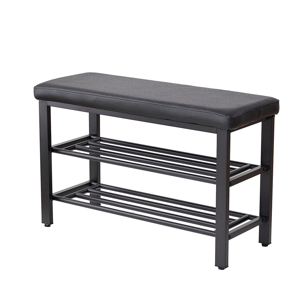 Small Shoe Bench, 3-Tier Shoe Rack with PU Seat Cushion, Black Metal Mesh Shelves, Freestanding Entryway Organizer for Hallway, Living Room, or Bedroom - Grand Goldman Shop