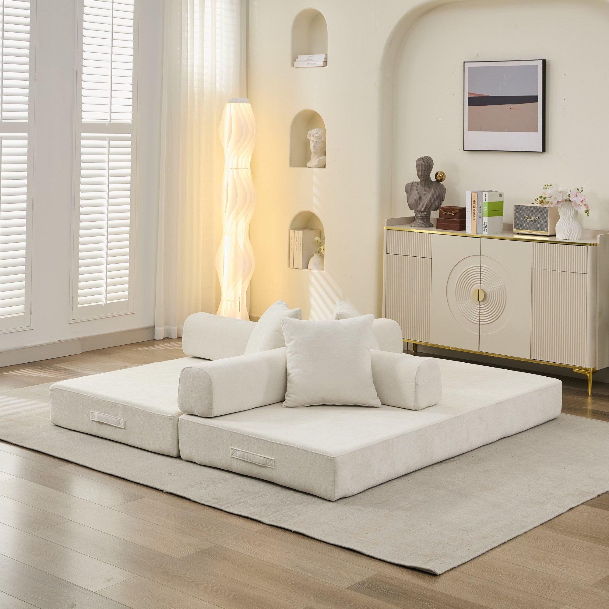 Comfy Convertible Folding Mattress Couch, Floor Sofa Bed, Chenille Floor Sofa with Armrest, Floor Sofa Lounge Couch for Living Room Bedroom Lounge Studio-Beige - Grand Goldman Shop
