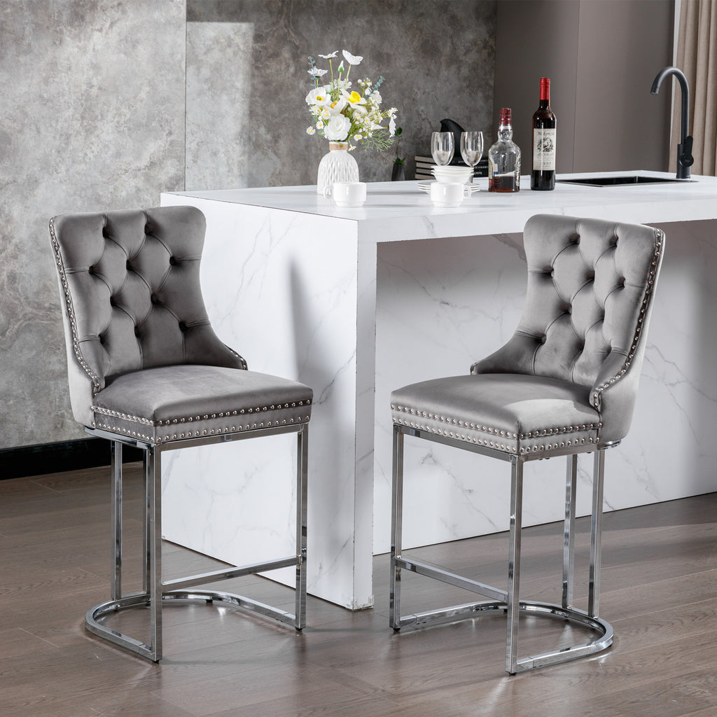 26' Counter Height Bar Stools Set of 2, Modern Velvet Barstools with Button Back&Rivet Trim Upholstered Kitchen Island Chairs with Sturdy Chromed Metal Base Legs Farmhouse Bar Stools, (Gray,2 Pack) - Grand Goldman Shop