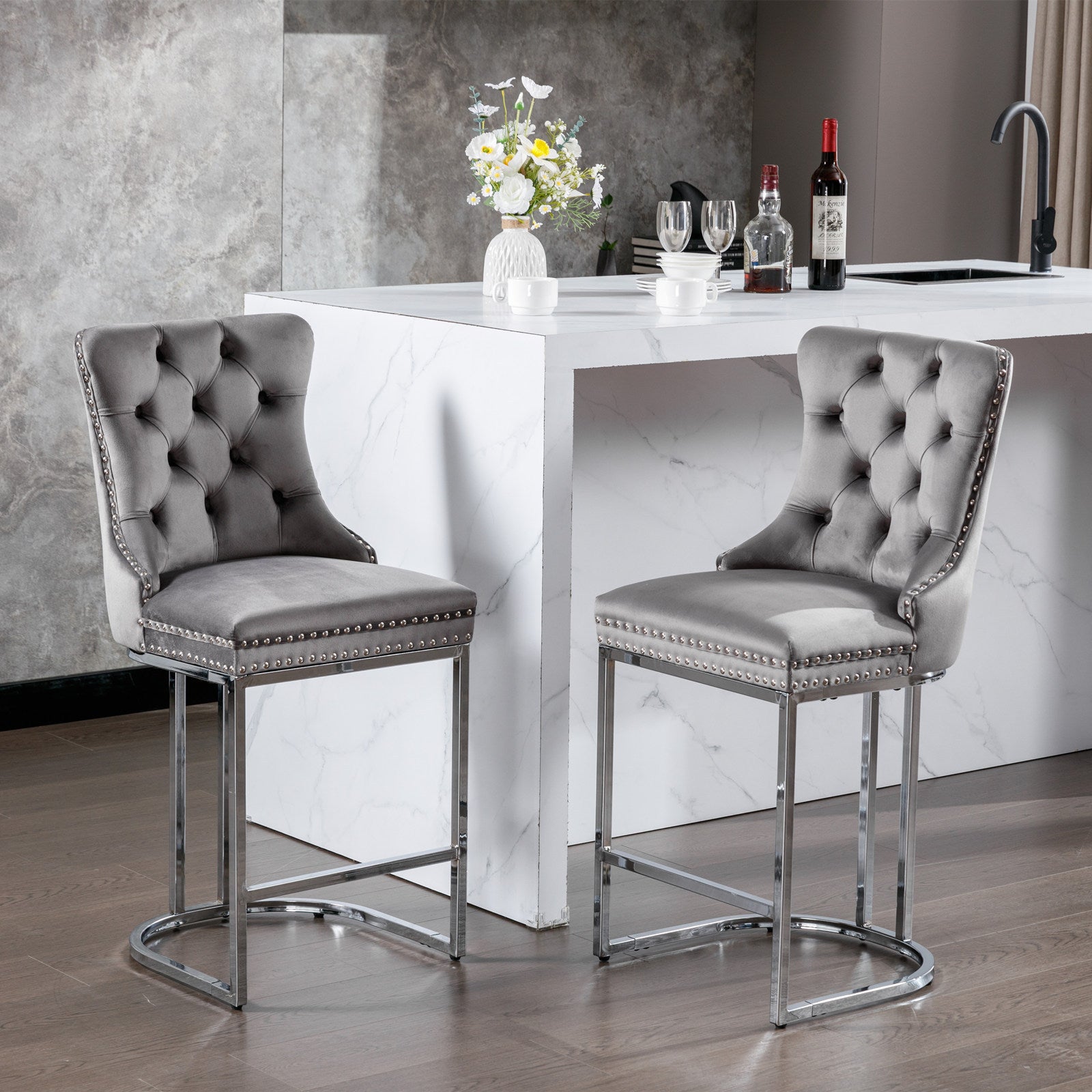 26' Counter Height Bar Stools Set of 2, Modern Velvet Barstools with Button Back&Rivet Trim Upholstered Kitchen Island Chairs with Sturdy Chromed Metal Base Legs Farmhouse Bar Stools, (Gray,2 Pack) - Grand Goldman Shop