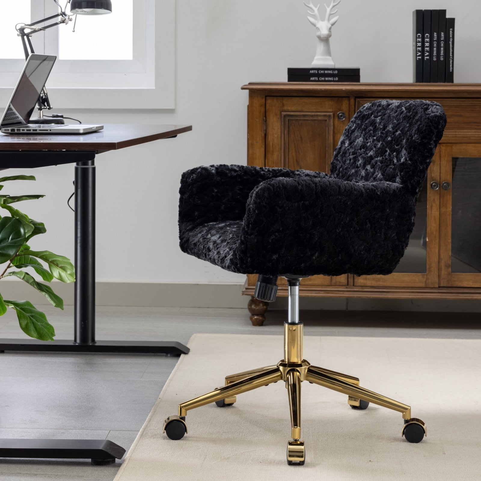 Stylish A&A Furniture Office Chair,Artificial rabbit hair Home Office Chair with Golden Metal Base,Adjustable Desk Chair Swiv