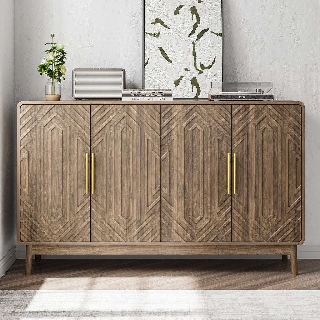 Modern Carved 4-Door Sideboard Buffet Cabinet with Storage, Adjustable Layer Board, Walnut Finish - Grand Goldman Shop