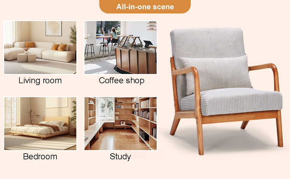 Mid-Century Modern Accent Chair with Pillow Upholstered Arm Chair in Beige Polyester and Solid Wood Frame (beige) - Grand Goldman Shop