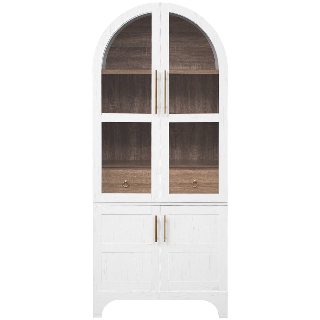 K&K 71' Tall Arched Kitchen Pantry Cabinet with Door Shelves, Farmhouse Kitchen Storage Cabinet with Open & Adjustable Shelves, Hidden Drawer & Glass Door, Cupboard for Kitchen, Dining Room, White - Grand Goldman Shop