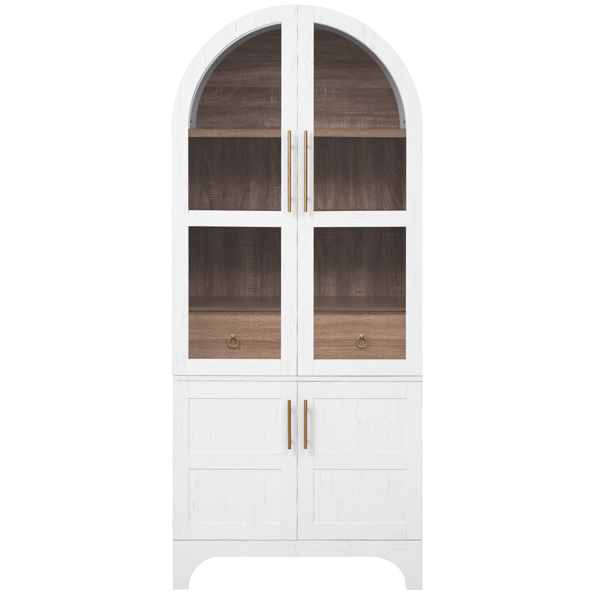K&K 71' Tall Arched Kitchen Pantry Cabinet with Door Shelves, Farmhouse Kitchen Storage Cabinet with Open & Adjustable Shelves, Hidden Drawer & Glass Door, Cupboard for Kitchen, Dining Room, White - Grand Goldman Shop